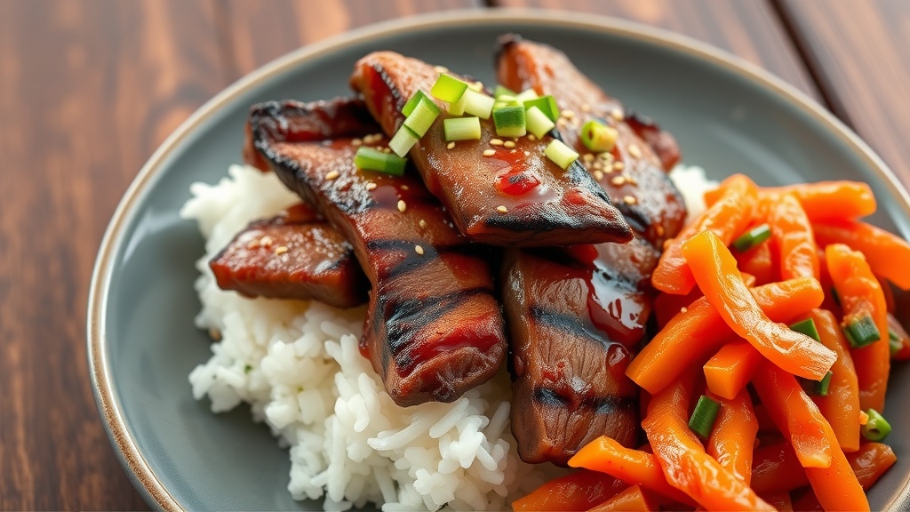 Savory and Tender Korean BBQ Beef Recipe Plated Korean BBQ Beef with rice and kimchi on a rustic table.